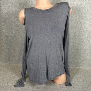 Volcom Womens True To This Open Shoulder Large Long Sleeve Striped Navy Stretch